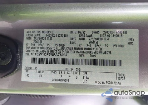 2022 Ford F-150 Xlt z USA, uszkodzony, nr VIN 1FTEW1CP5NFA78037